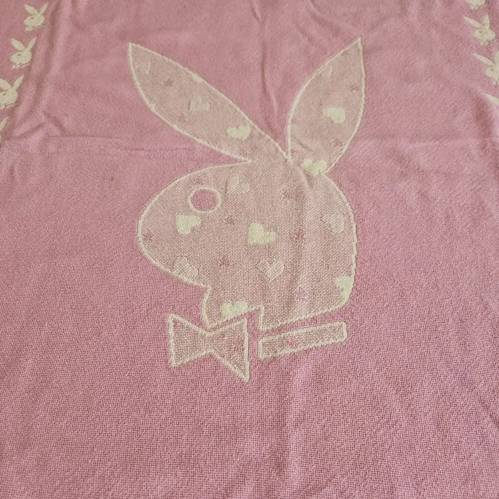 Vintage 2004 Playboy Bunny Reversible Throw Blanket Pink Cream Y2K Fringe